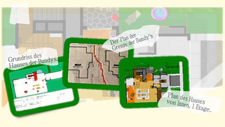 Image Map mit 3 Fotos. Lageplan, Grundriß des Hauses und Lageplan der Grenze der Häuser